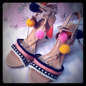 Heel Sandals Pom Poms